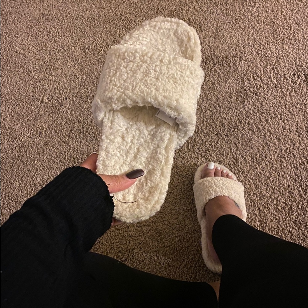 Ivory Sherpa Slides, can be worn inside as slippers or worn outside